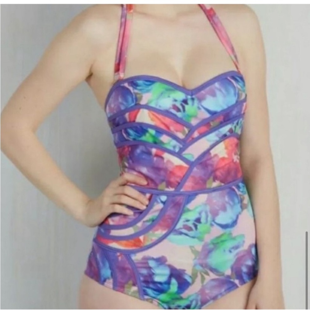Modcloth Set The Serene One Piece Mermaid Swimsuit Purple Pink Blue Halter Small